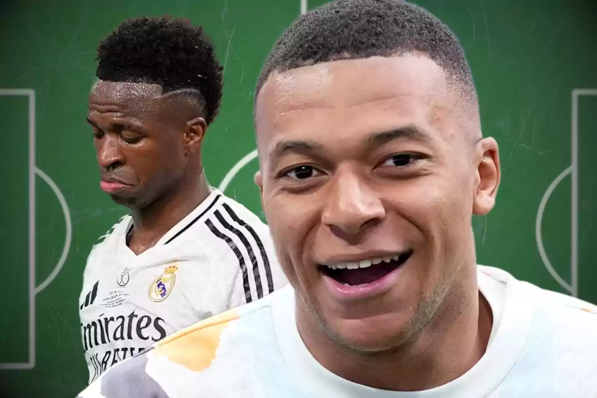 Two players in the foreground, one with a serious expression and the other smiling, with a soccer field in the background.