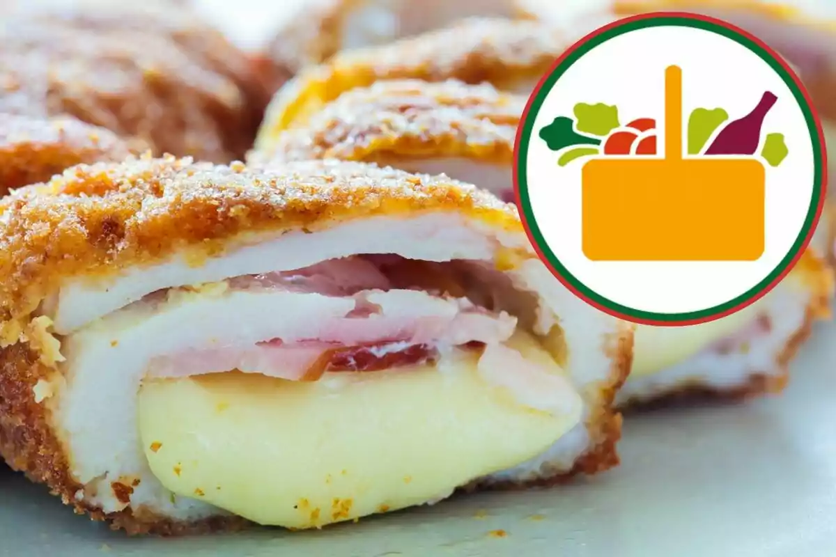 Breaded chicken fillet stuffed with ham and cheese with a food basket graphic in the upper right corner Breaded chicken fillet stuffed with ham and cheese with a food basket graphic in the upper right corner