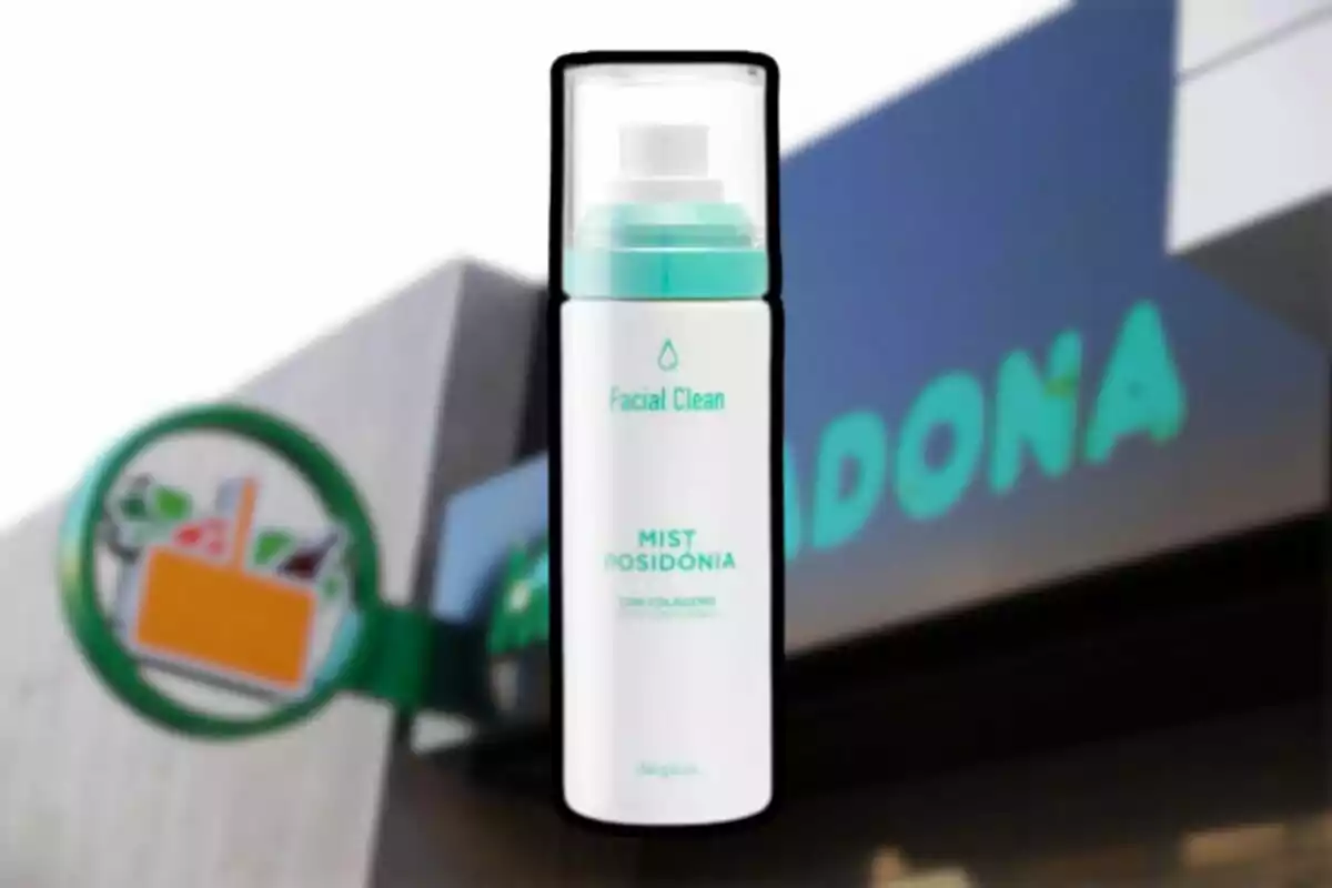 Mist Posidonia Facial Clean bottle with collagen against a blurred background of a supermarket facade Mist Posidonia Facial Clean bottle with collagen against a blurred background of a supermarket facade
