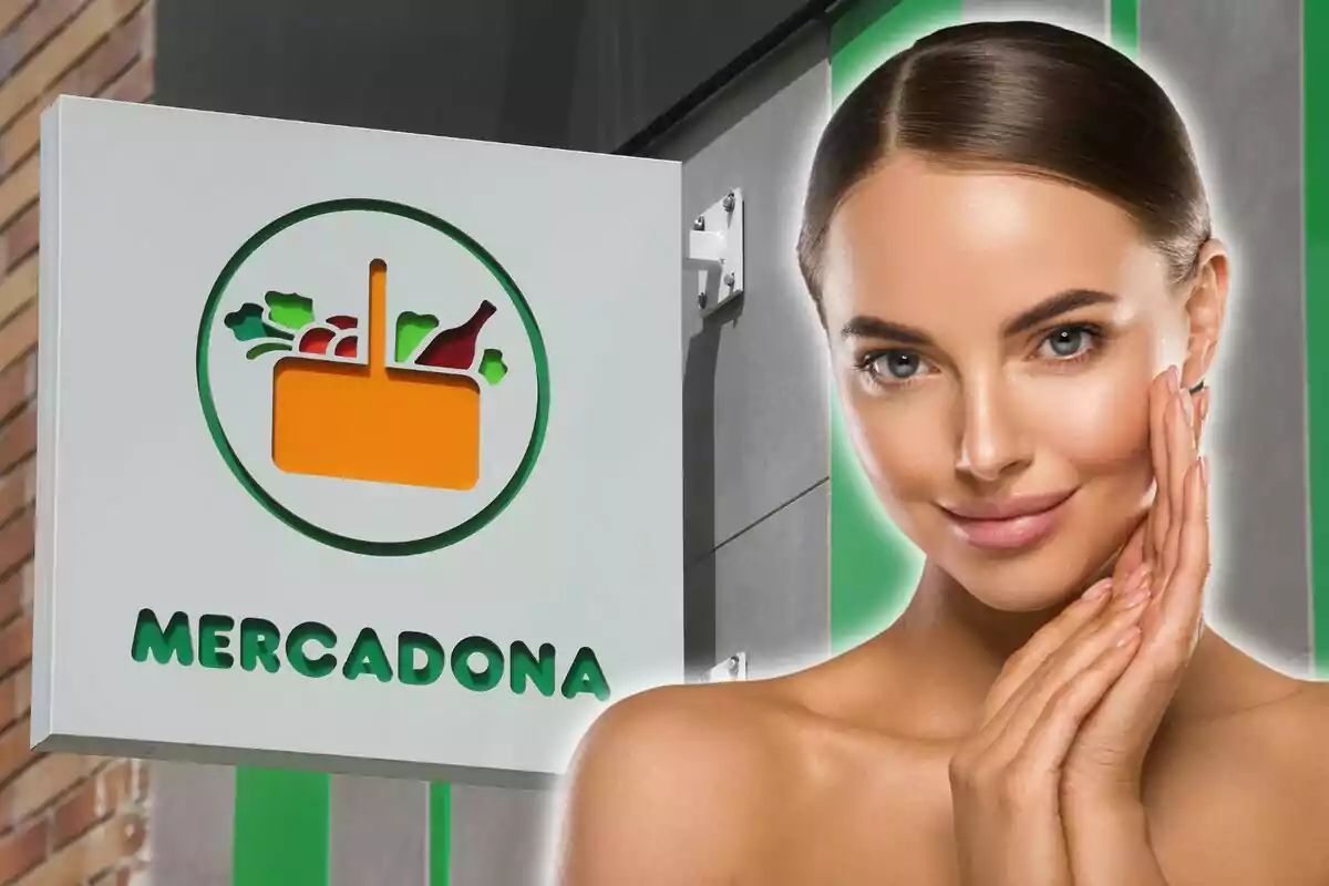 A woman with radiant skin poses in front of a Mercadona sign.