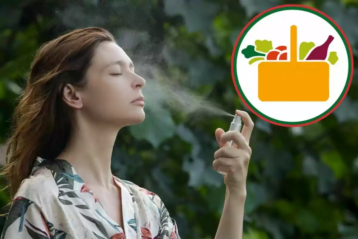 Woman spraying her face with a mist while a graphic of a food basket appears in the background Woman spraying her face with a mist while a graphic of a food basket appears in the background