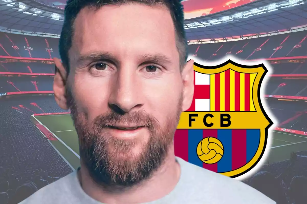 Un home amb barba apareix en primer pla dins d’un estadi de futbol amb l’escut del FC Barcelona al fons.