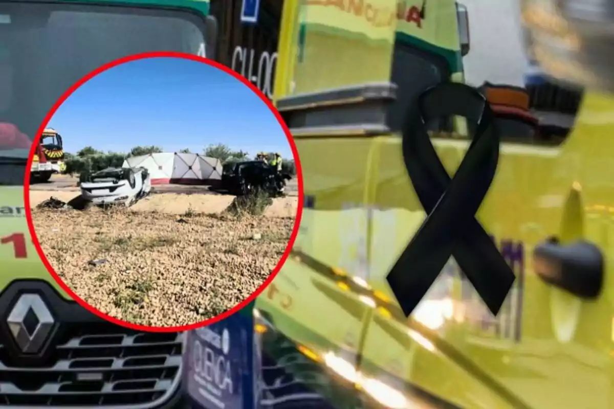 Ambulància groga amb un llaç negre de dol i un requadre que mostra un accident de cotxe bolcat en una zona rural