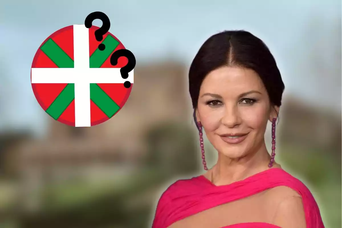Dark-haired woman in a pink dress and long earrings next to a circle with the Basque Country flag and question marks on a blurred background