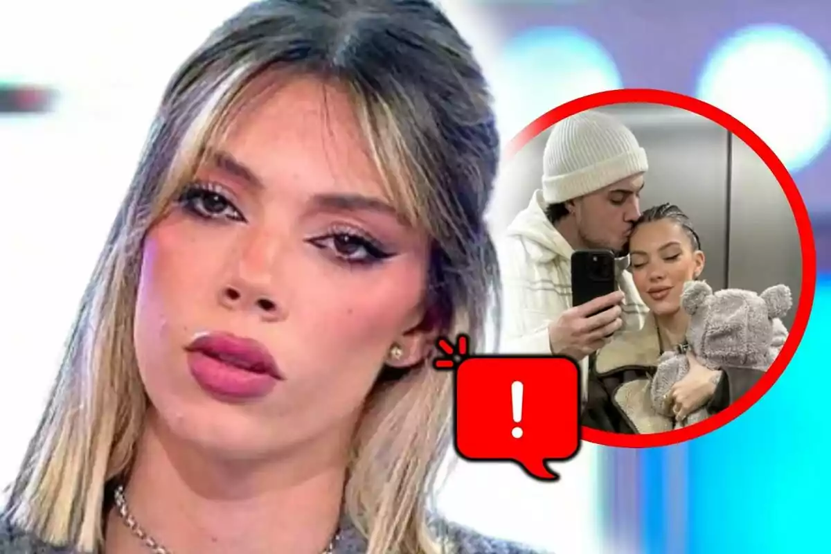Alejandra Rubio amb expressió seriosa en primer pla i, a la cantonada superior dreta, un requadre mostra una parella fent-se una selfie, acompanyats d’un nadó, amb una icona d’advertència vermella superposada.