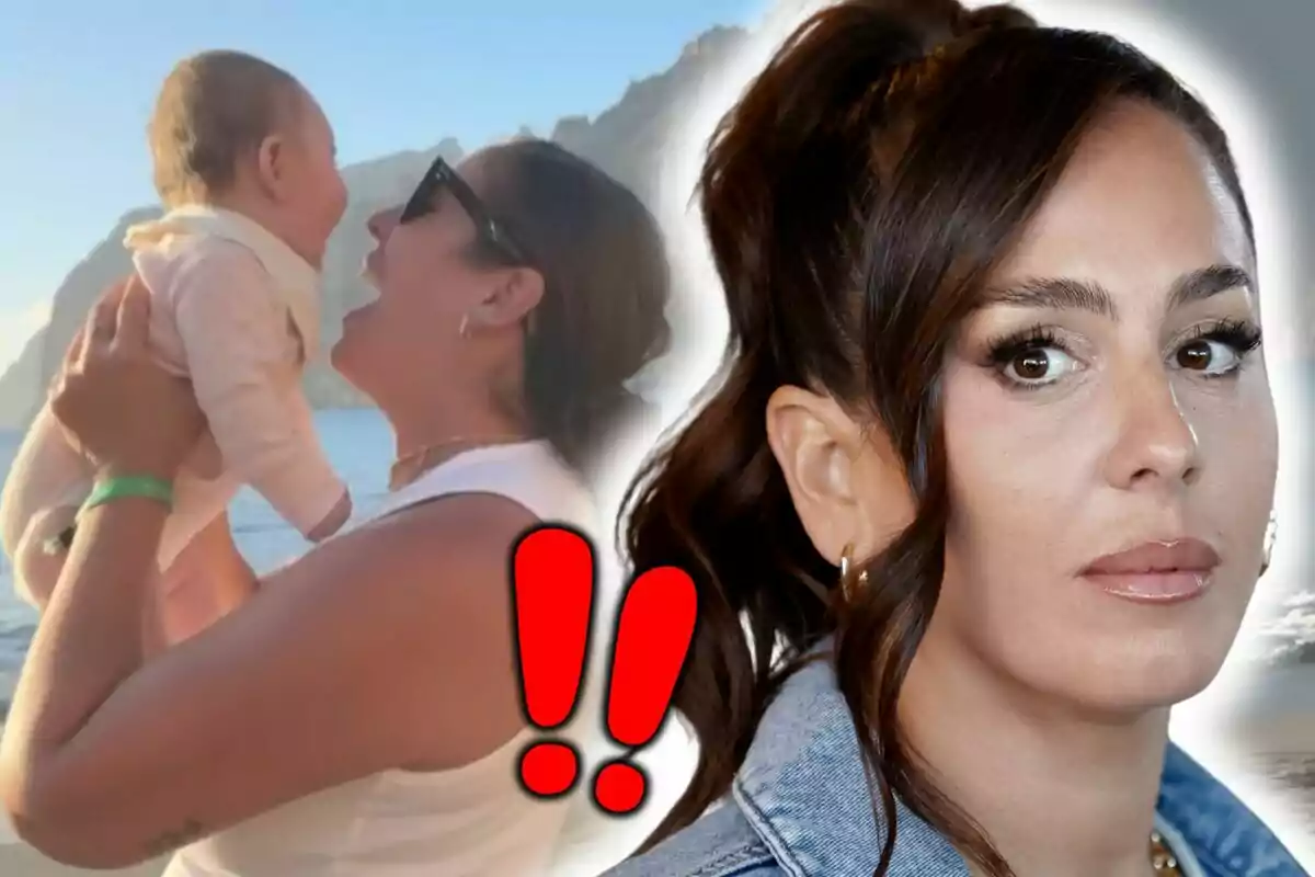 Anabel Pantoja sosté un nadó a la platja, que és la seva filla Alma, mentre una altra imatge d’ella apareix en primer pla amb una expressió seriosa i dos signes d’exclamació vermells destaquen al centre de la imatge.