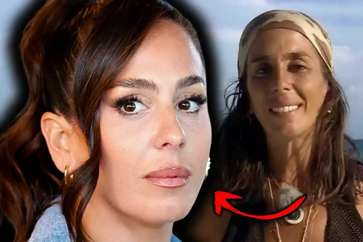 Primer pla d’Anabel Pantoja amb expressió seriosa al costat d’una altra imatge seva somrient a l’aire lliure a ‘Supervivientes’ amb una fletxa vermella assenyalant-la.