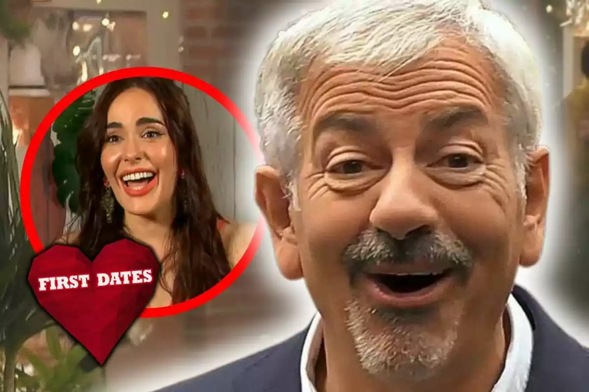 Carlos Sobera apareix somrient en primer pla i una dona jove rient dins d’un cercle vermell, que és la María, una concursant del programa, amb un cor que diu 'First Dates'.