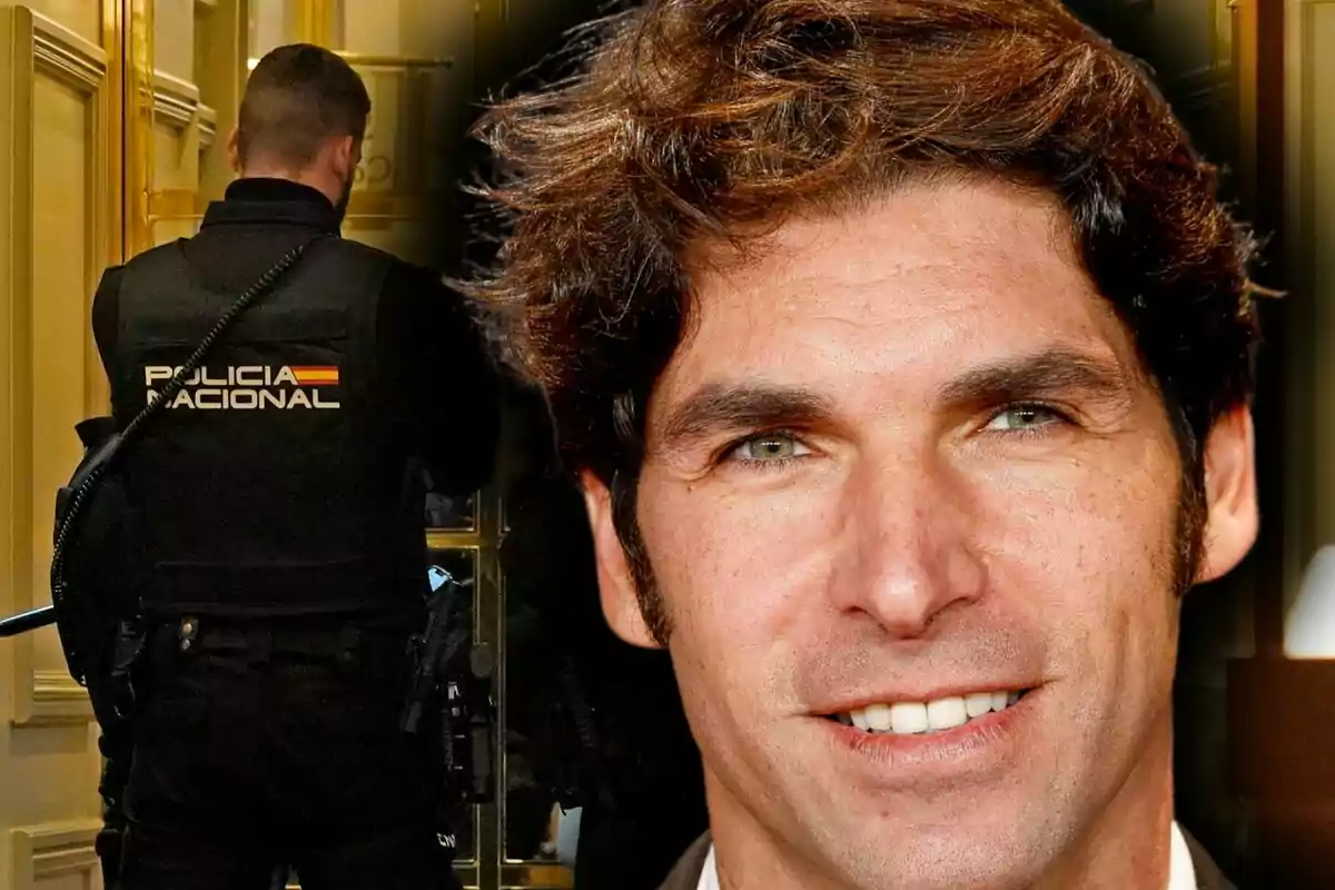 A national police officer seen from behind and, in the foreground, the smiling face of Cayetano Rivera.
