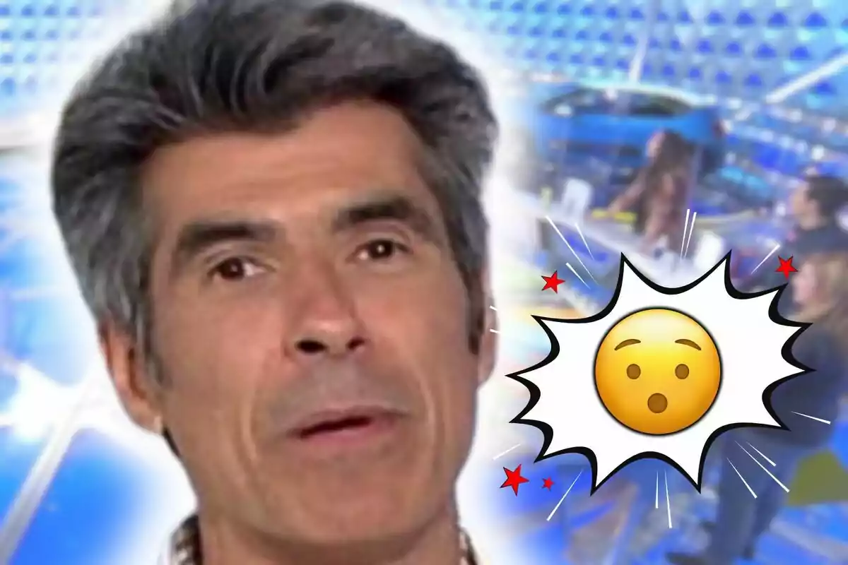 Primer pla de Jorge Fernández amb expressió seriosa i un emoji de sorpresa sobre un fons difuminat de colors blaus.
