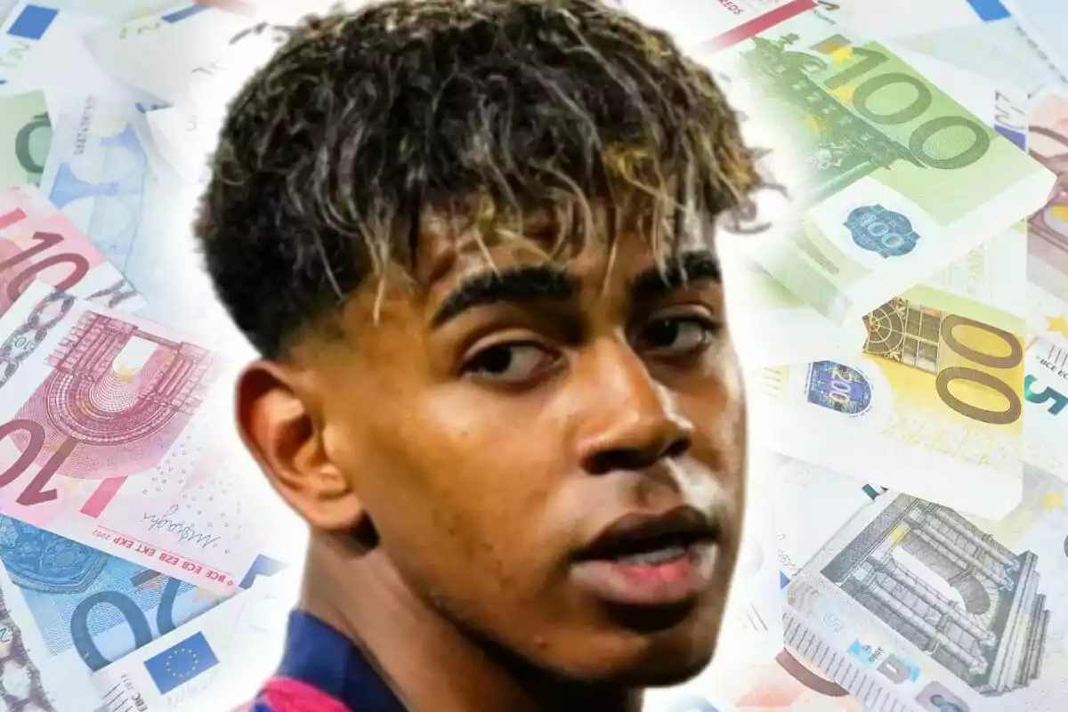 Lamine Yamal in a sports jersey in the foreground with blurred euro bills in the background.