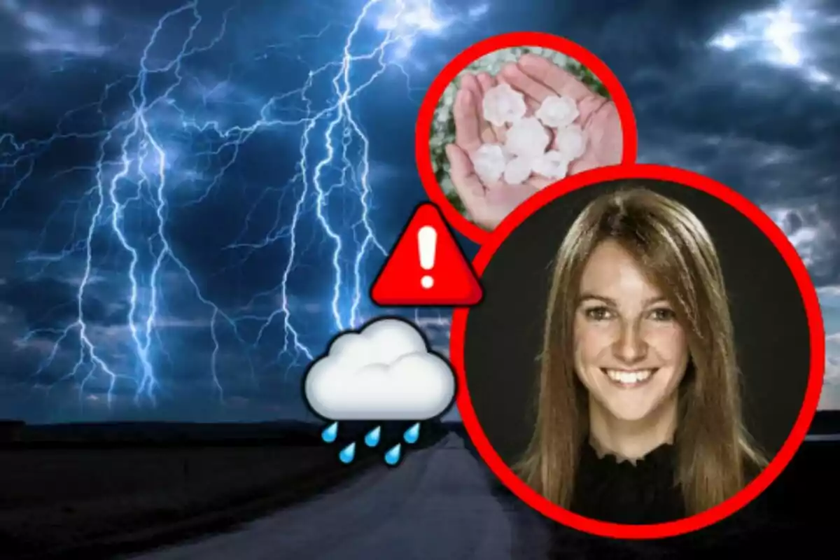 Tempesta elèctrica amb llamps al fons, avís de temps sever amb icones de núvol de pluja, calamarsa en una mà i Mònica Usart somrient emmarcada en un cercle vermell.