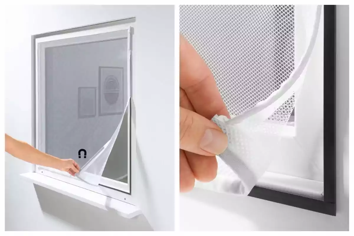 Person removing a white magnetic mosquito screen from a window and close-up of the screen held with fingers, a product from Lidl. Person removing a white magnetic mosquito screen from a window and close-up of the screen held with fingers, a product from Lidl.