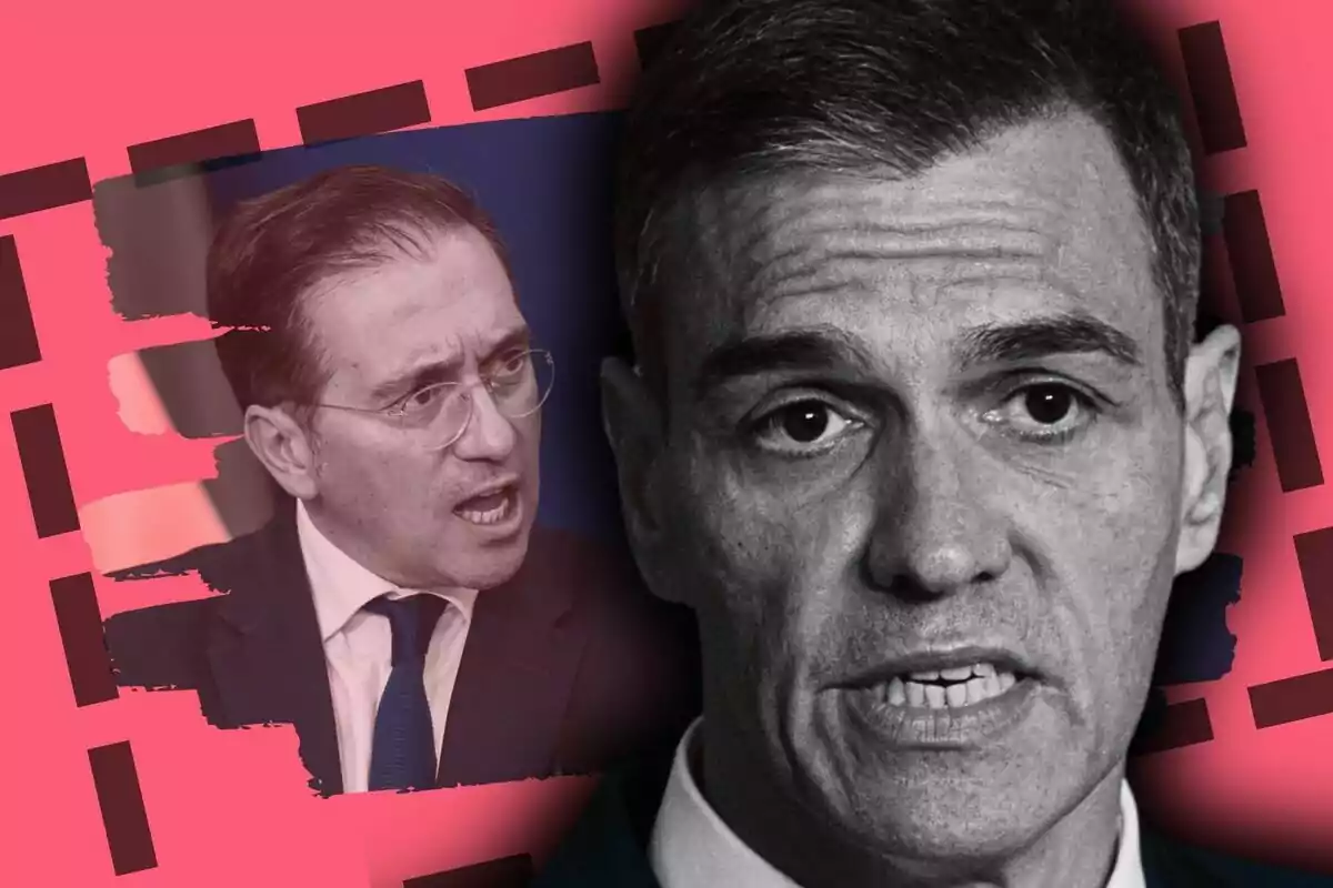 Muntatge de fotos de Pedro Sánchez i José Manuel Albares amb expressió seriosa sobre un fons rosa amb detalls gràfics foscos.