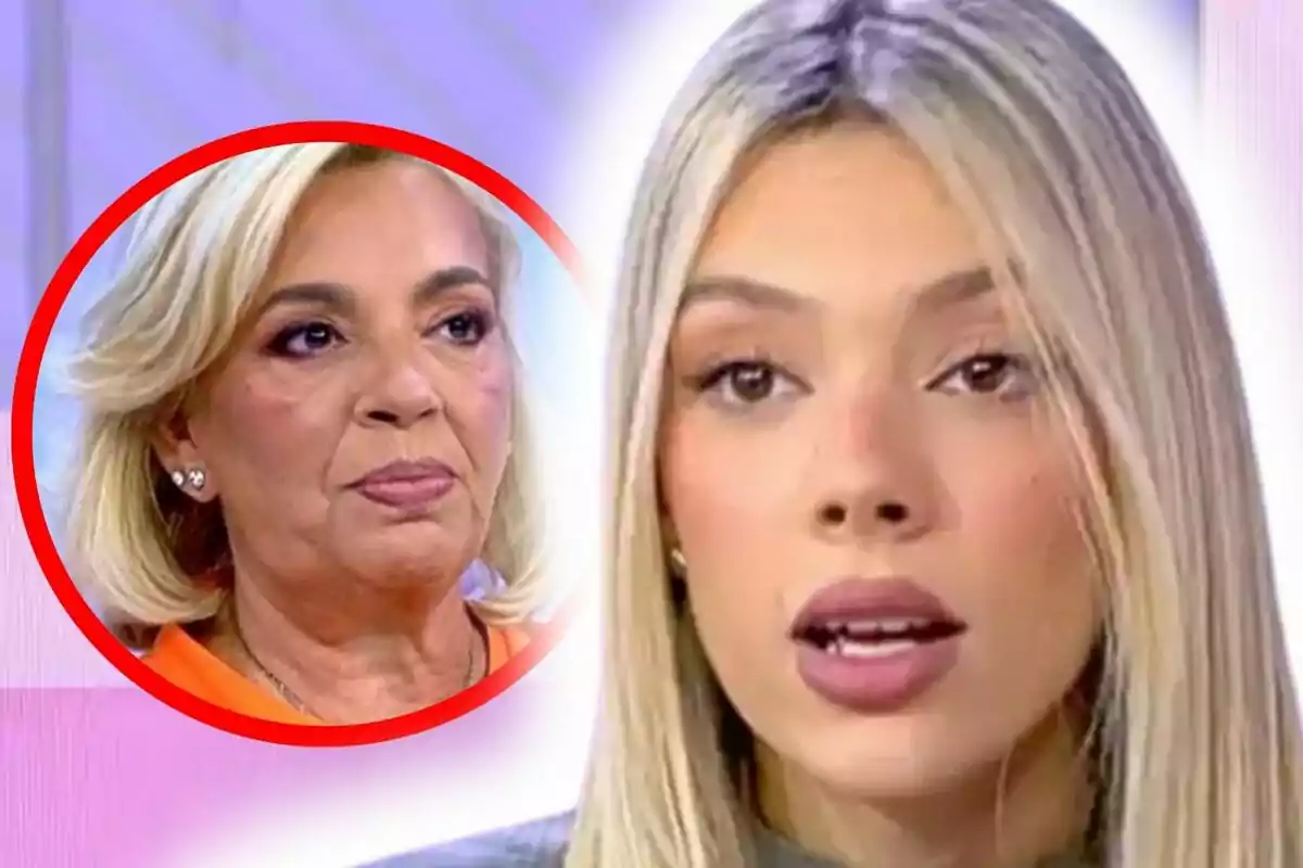 Close-up photo montage of Alejandra Rubio and Carmen Borrego, both with serious expressions on a Mediaset set.