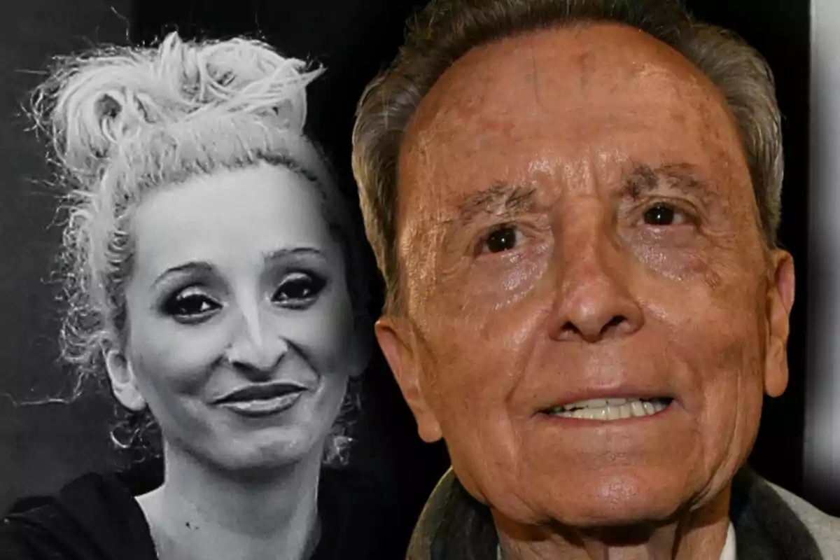 Muntatge de fotos en primer pla de José Ortega Cano i Michu en blanc i negre darrere d’ell.