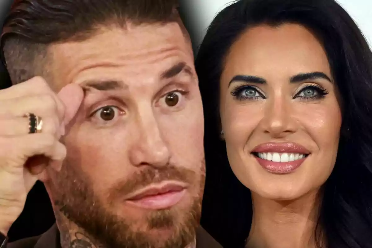 Primer pla de Sergio Ramos amb expressió seriosa al costat d’una dona de cabells foscos i ulls clars, que és Pilar Rubio, somrient.