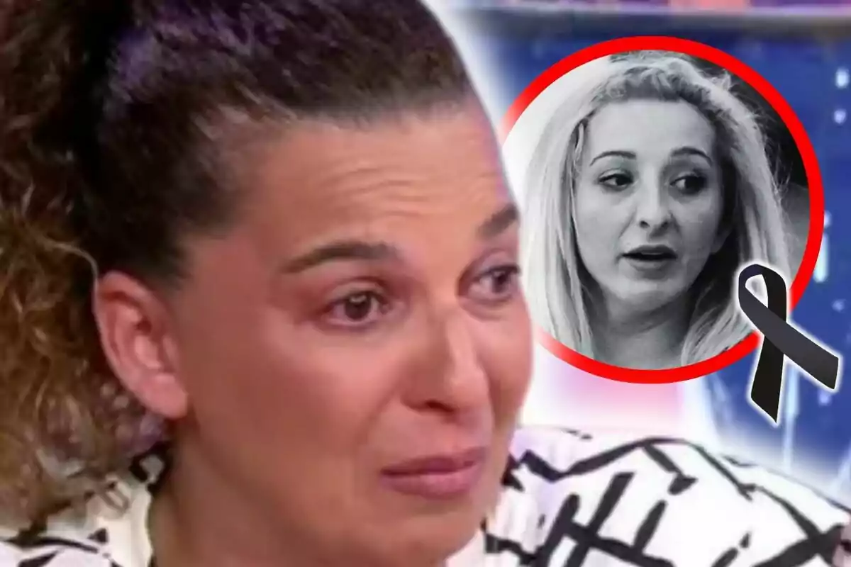 Tamara, germana de Michu, amb expressió de tristesa i llàgrimes als ulls, al fons apareix una imatge en blanc i negre d’una altra dona emmarcada en un cercle vermell, que és Michu, amb un llaç negre de dol.