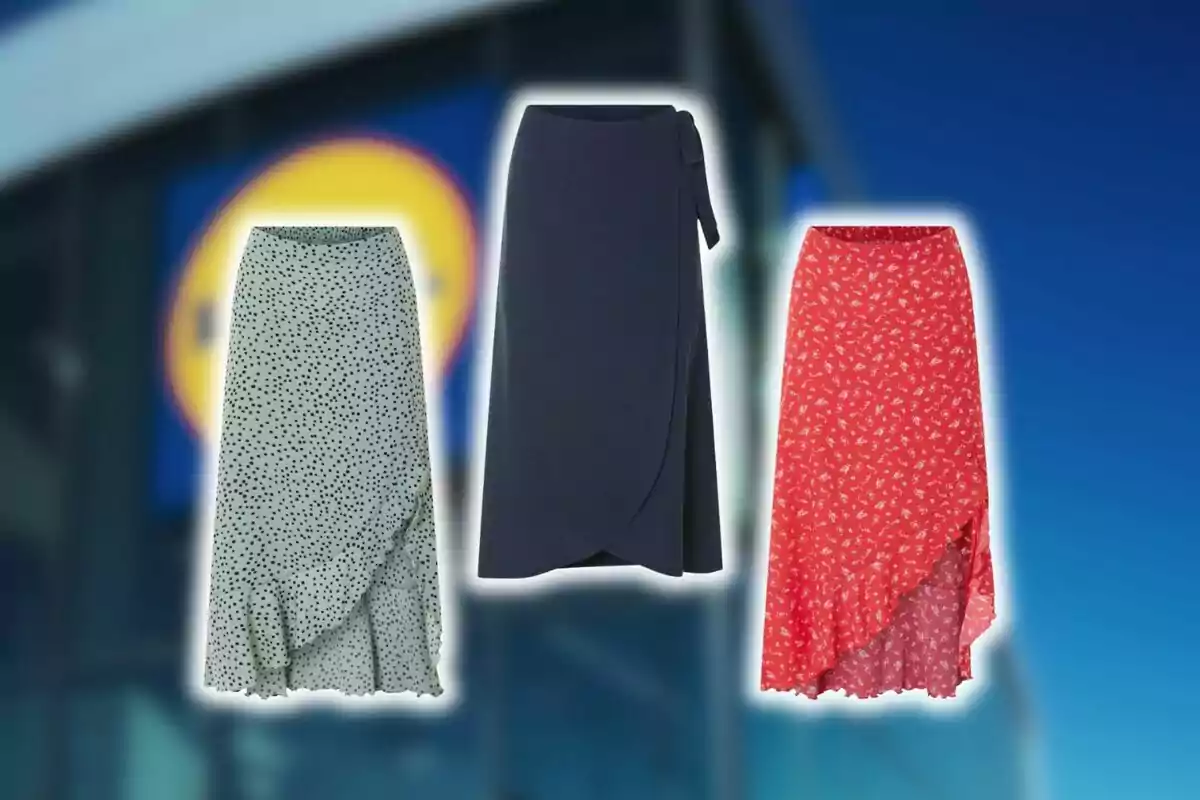 Three long skirts in different colors and patterns from Lidl on a blurred store background.