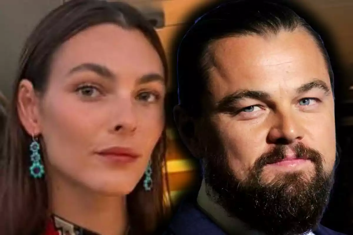 Close-up photo montage of Vittoria Ceretti and Leonardo DiCaprio, both with serious expressions.