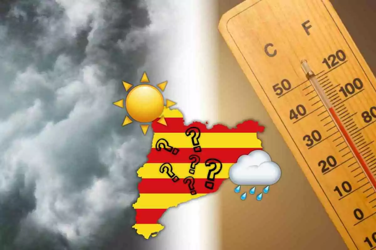 Mapa de Cataluña con símbolos de sol, lluvia e interrogaciones sobre un fondo de nubes y un termómetro