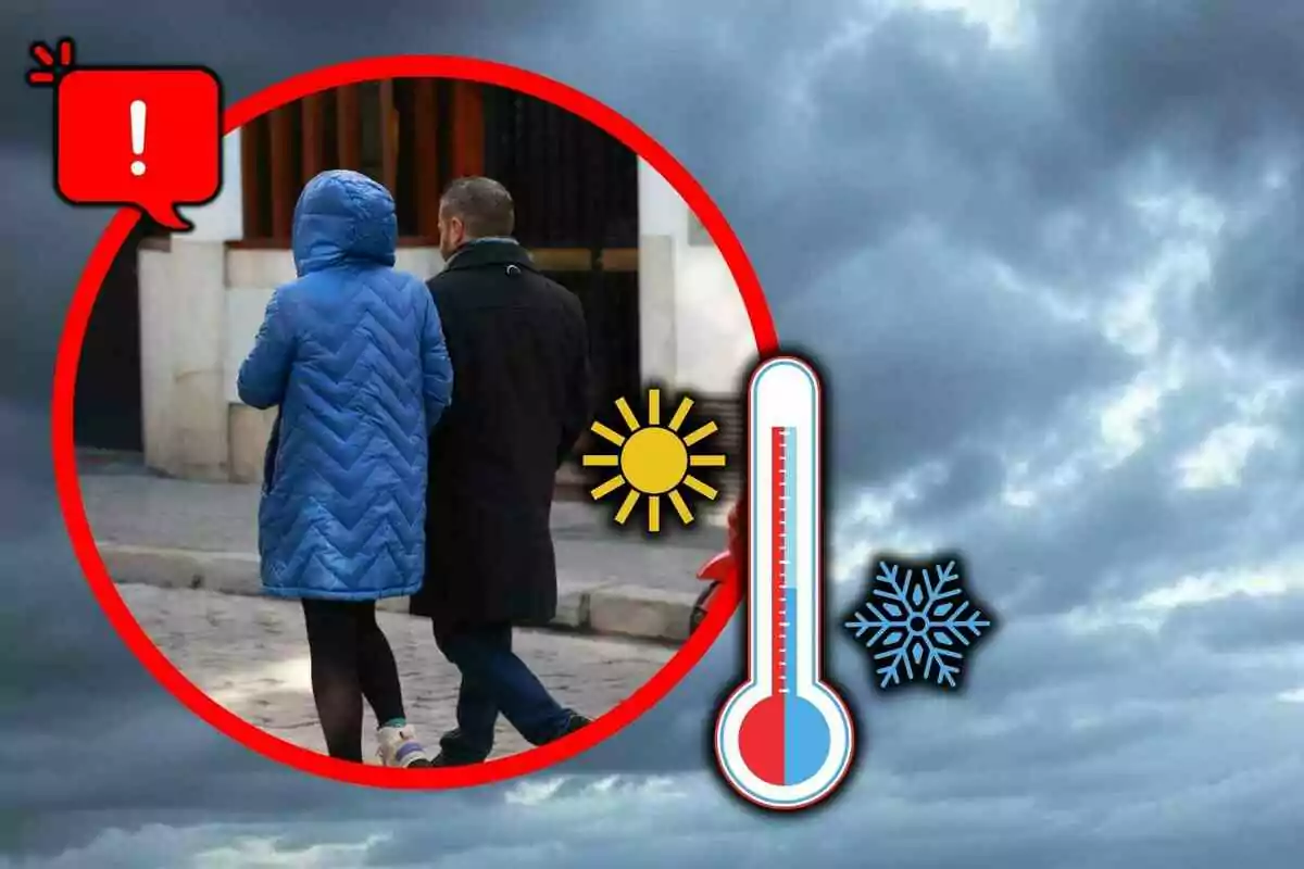 Dues persones abrigades caminant sota un cel ennuvolat amb un termòmetre, un sol, un floc de neu i una icona d’advertència indicant fred. Dues persones abrigades caminant sota un cel ennuvolat amb un termòmetre, un sol, un floc de neu i una icona d’advertència indicant fred.