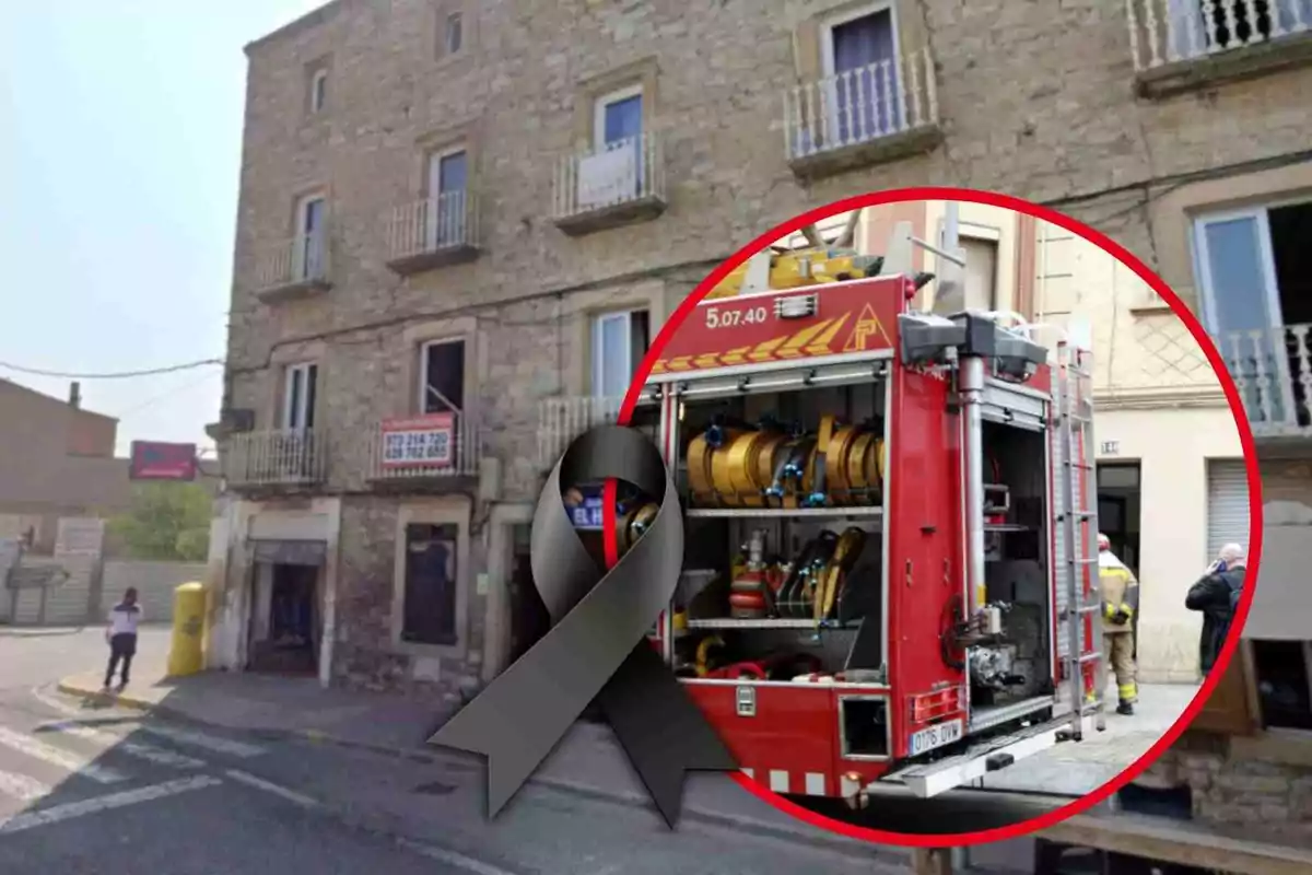 Edificio de piedra de varios pisos con balcones y un camión de bomberos en primer plano dentro de un círculo rojo, acompañado de un lazo negro de luto