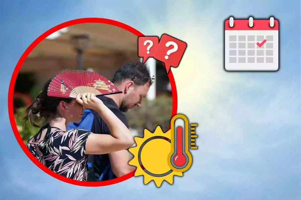 Una mujer se abanica para protegerse del calor mientras un hombre camina detrás, acompañados de iconos de sol, termómetro, calendario y signos de interrogación.
