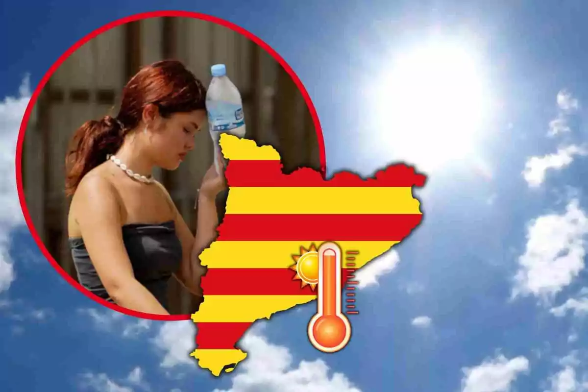 Mujer refrescándose con una botella de agua junto a un mapa de Cataluña con un termómetro y un sol sobre un cielo despejado