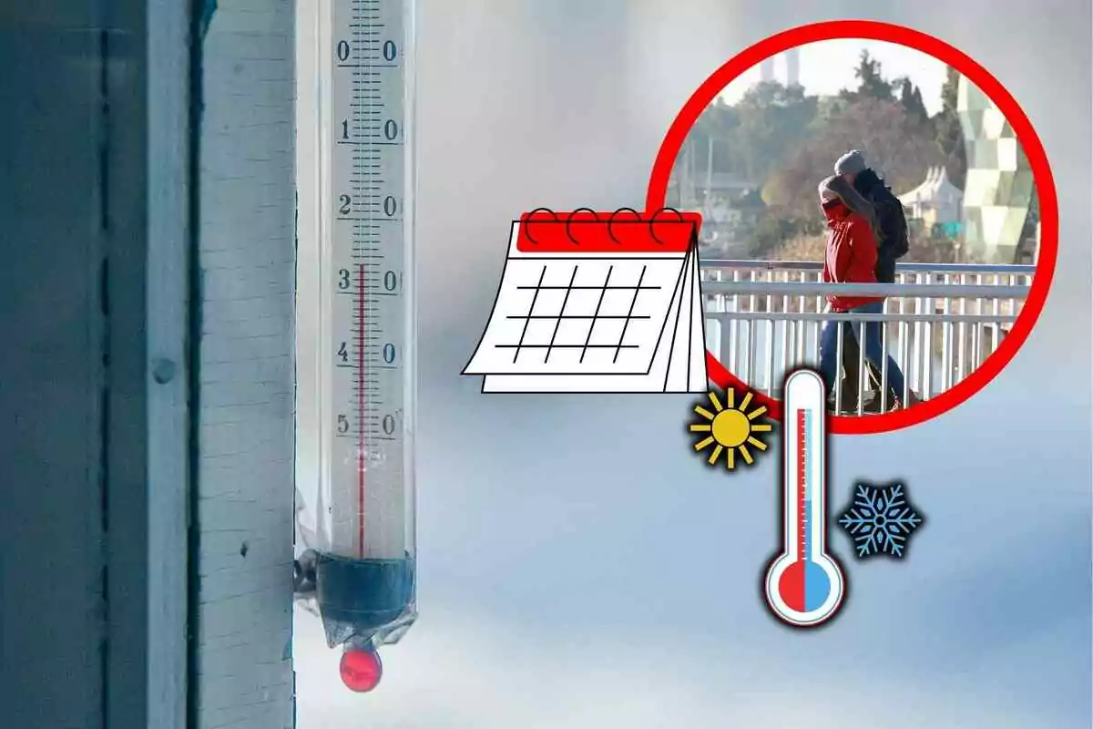 Termòmetre marcant baixa temperatura al costat d’un calendari, una icona de sol, una icona de floc de neu i una parella abrigada caminant a l’aire lliure. Termòmetre marcant baixa temperatura al costat d’un calendari, una icona de sol, una icona de floc de neu i una parella abrigada caminant a l’aire lliure.