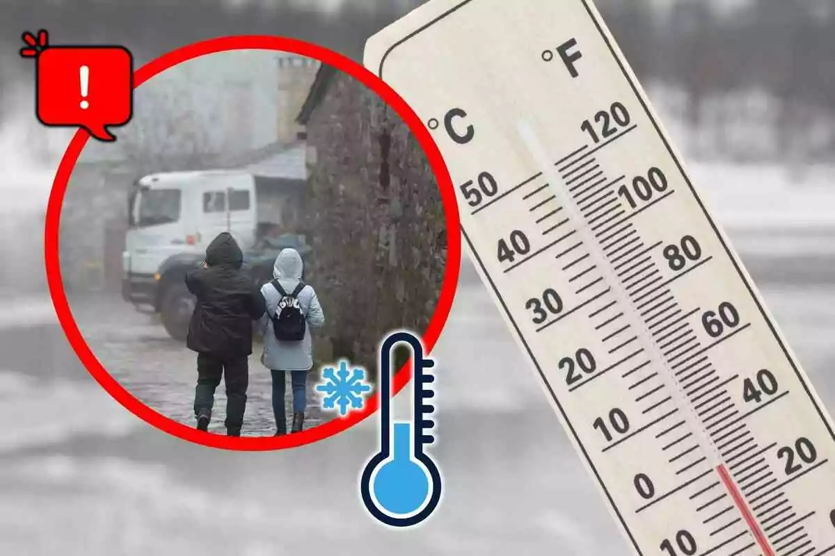 Termòmetre marcant baixa temperatura amb dues persones abrigades caminant i una icona d’advertència al costat d’un símbol de fred
