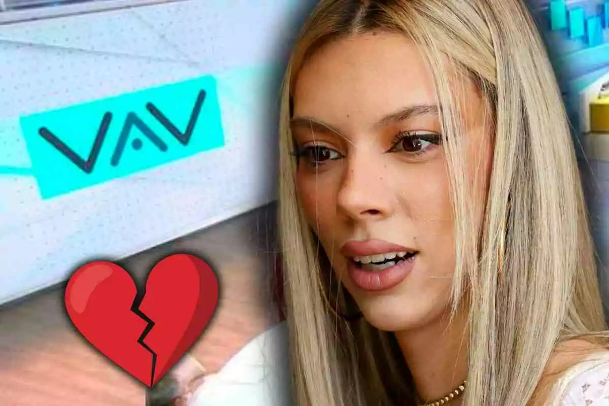 Alejandra Rubio with a serious expression next to a blue logo and a broken red heart in the foreground
