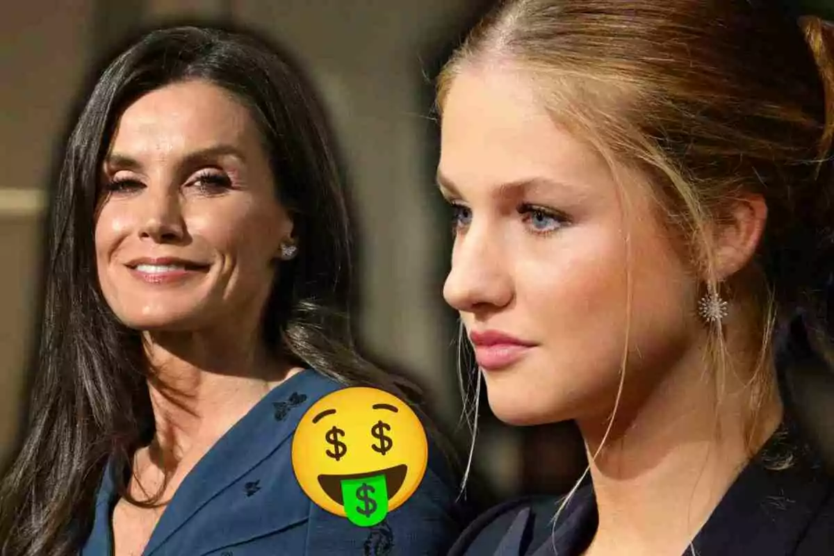 Letizia and Leonor appear in the foreground, Letizia smiling and Leonor looking seriously to the right, with a happy face emoji and dollar signs superimposed on the image.