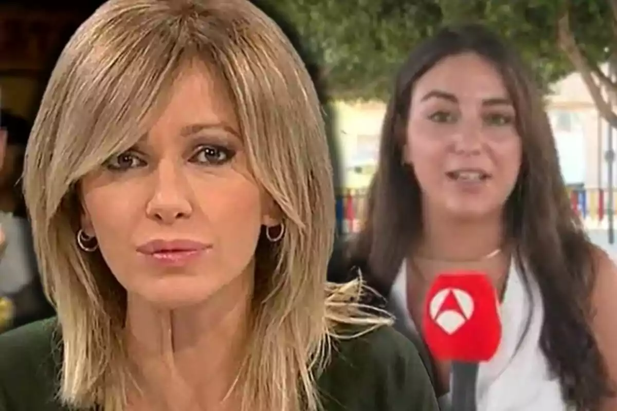 Susanna Griso and a reporter appear in the image, one in the foreground with blonde hair and a serious expression, and the other in the background holding a red microphone with a white logo, in an outdoor setting with trees.