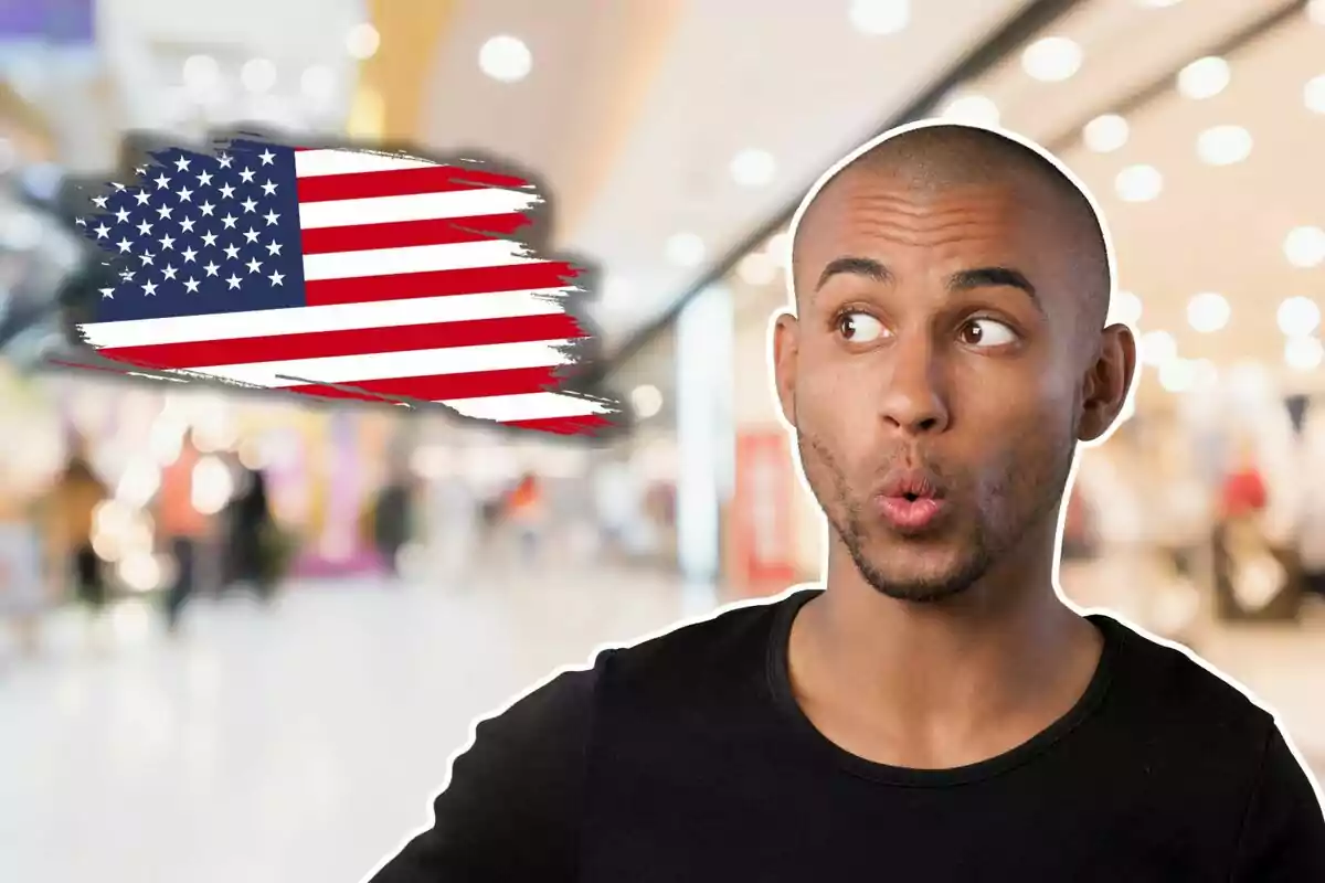 Hombre sorprendido mirando hacia una bandera de Estados Unidos con fondo de centro comercial desenfocado