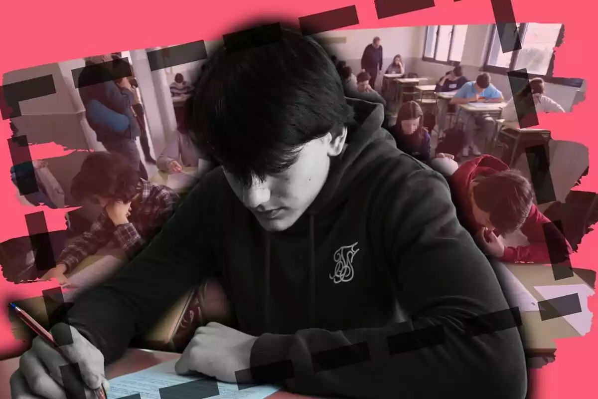 Jóvenes concentrados realizando un examen en un aula escolar con un fondo editado en tonos rosados y negros