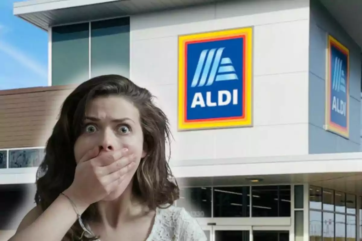 Woman with a surprised expression and her hand over her mouth in front of an Aldi store