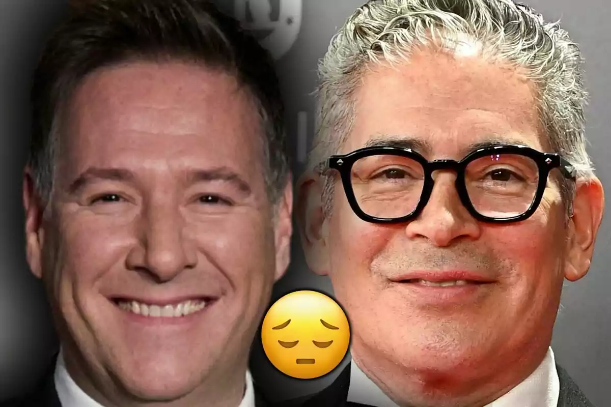 Two smiling men in the foreground, who are Carlos Latre and Boris Izaguirre, with a thinking face emoji in the center.