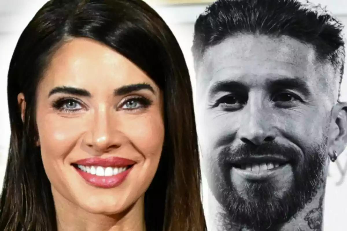Muntatge de fotos de Pilar Rubio somrient en primer pla mentre darrere seu apareix el rostre de Sergio Ramos en blanc i negre, també somrient.