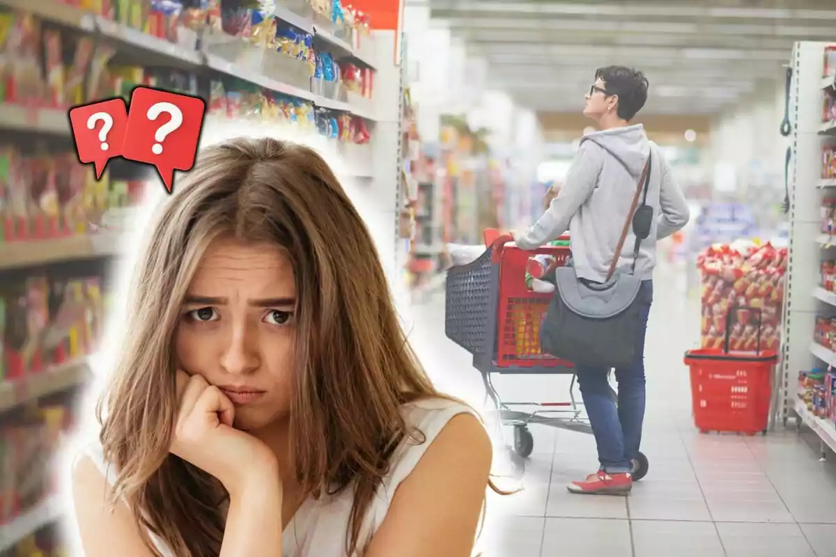 A woman with a confused and worried expression appears in the foreground while in the background someone pushes a cart in a supermarket full of products.