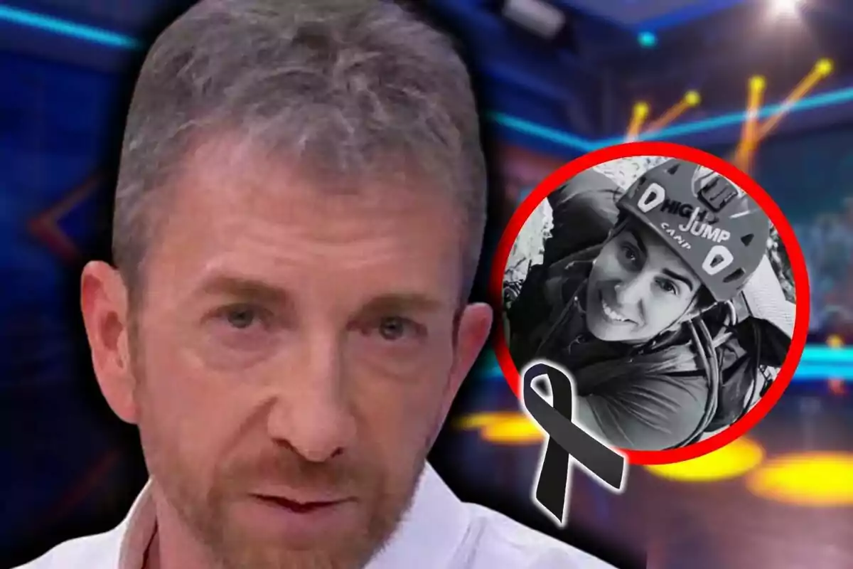 Photo montage of Pablo Motos with a serious expression in the foreground, in the background a red circle with a black and white photo of a person wearing a climbing helmet and a black mourning ribbon, who is Marta Jiménez.