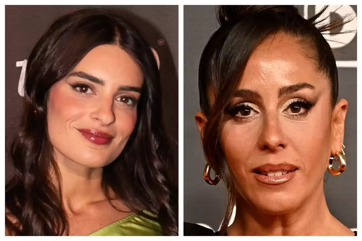 Two women, Anabel Pantoja and Susana Bicho, pose in the foreground, both wearing elegant makeup and gold earrings. Two women, Anabel Pantoja and Susana Bicho, pose in the foreground, both wearing elegant makeup and gold earrings.