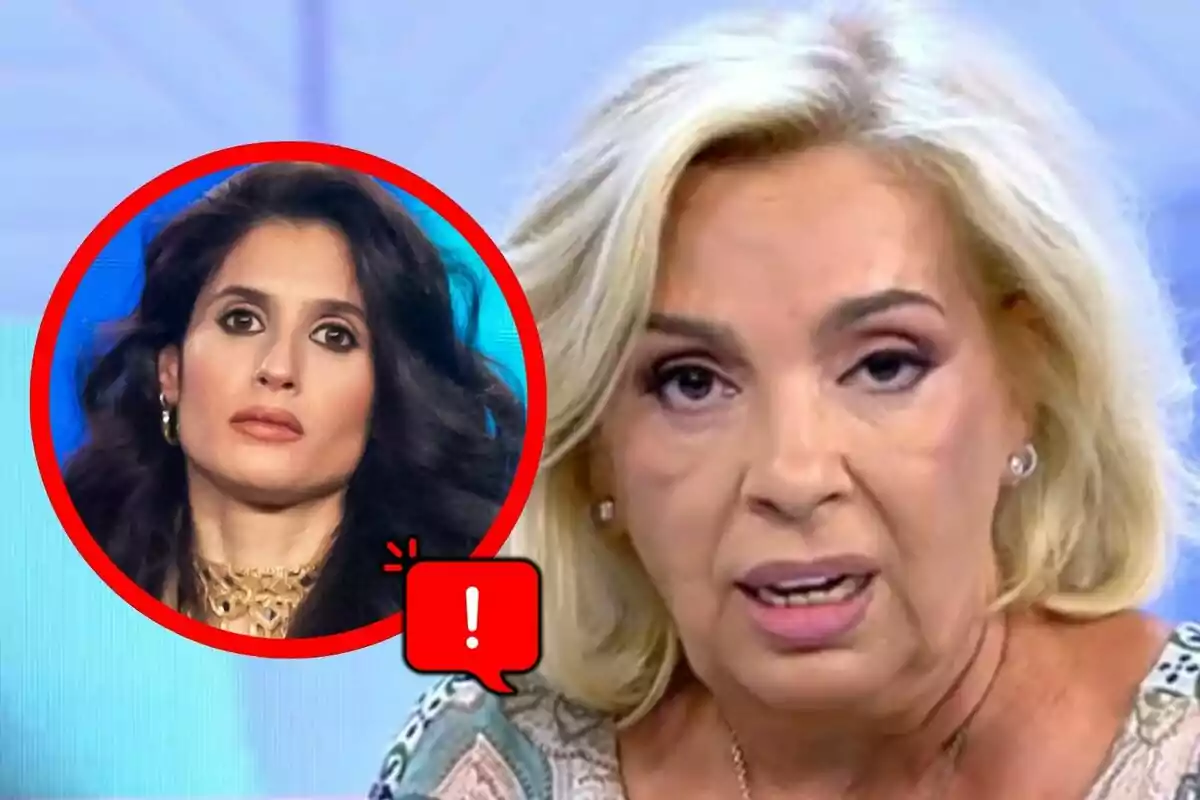 Muntatge de fotos de Carmen Borrego amb expressió seriosa en primer pla amb un requadre vermell que mostra el rostre d’una altra dona de cabells foscos i gest seriós, que és María 'La Jerezana', al costat d’una icona d’advertència.