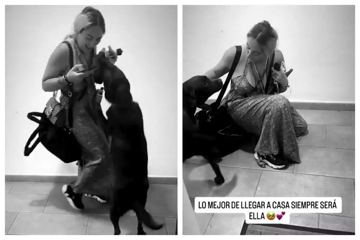 Photo montage of Rocío Flores happily greeting her dog as she arrives home. Photo montage of Rocío Flores happily greeting her dog as she arrives home.