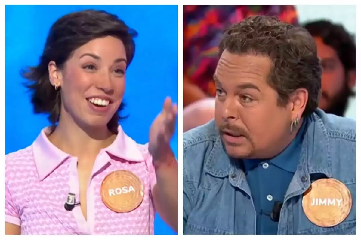 Dues persones participant en un programa de televisió, que són Rosa Rodríguez i Jimmy Barnatán, tots dos porten una acreditació amb el seu nom. Dues persones participant en un programa de televisió, que són Rosa Rodríguez i Jimmy Barnatán, tots dos porten una acreditació amb el seu nom.
