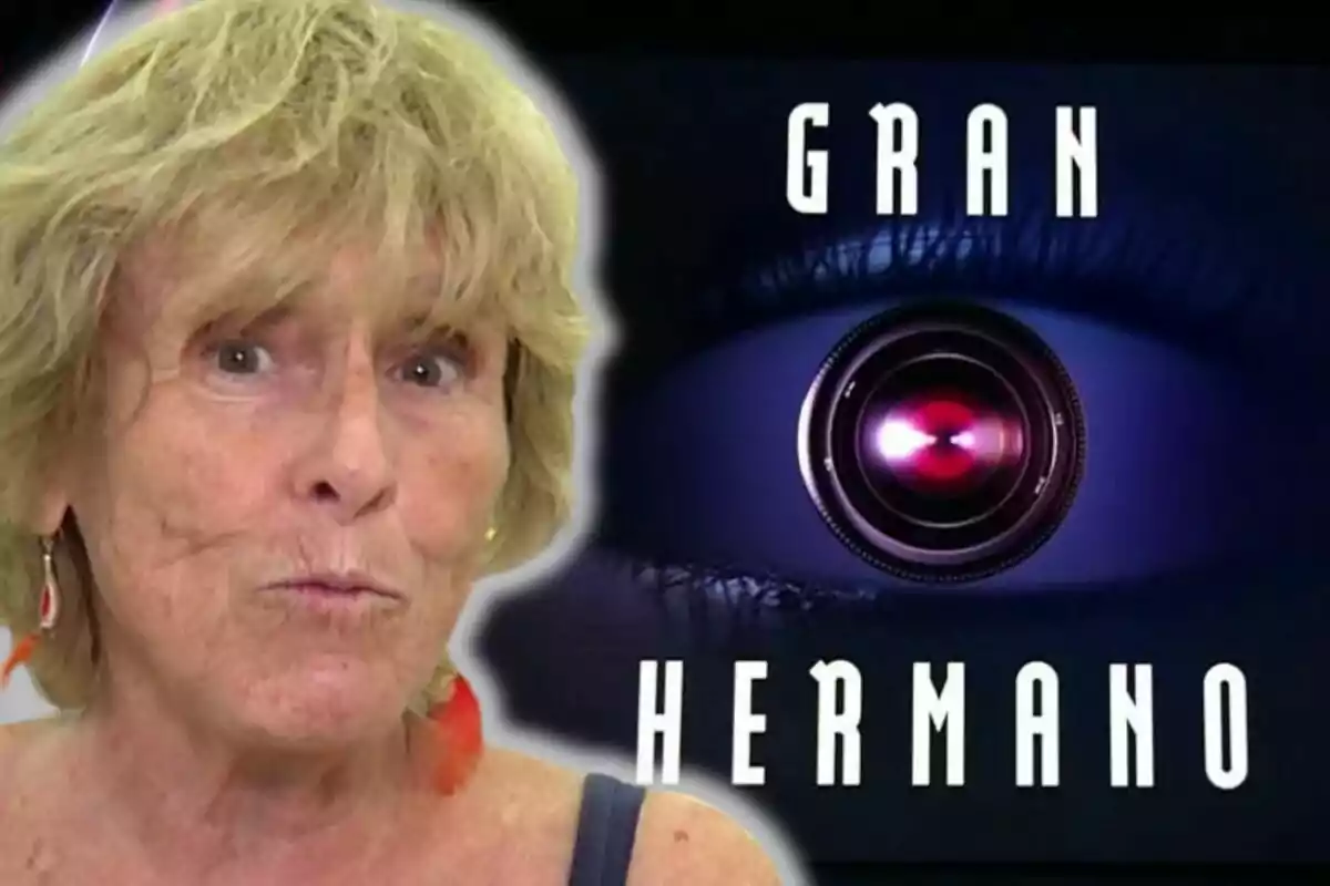 Mercedes Milá al costat del logotip del programa Gran Hermano que mostra un ull amb una càmera al centre i el text Gran Hermano