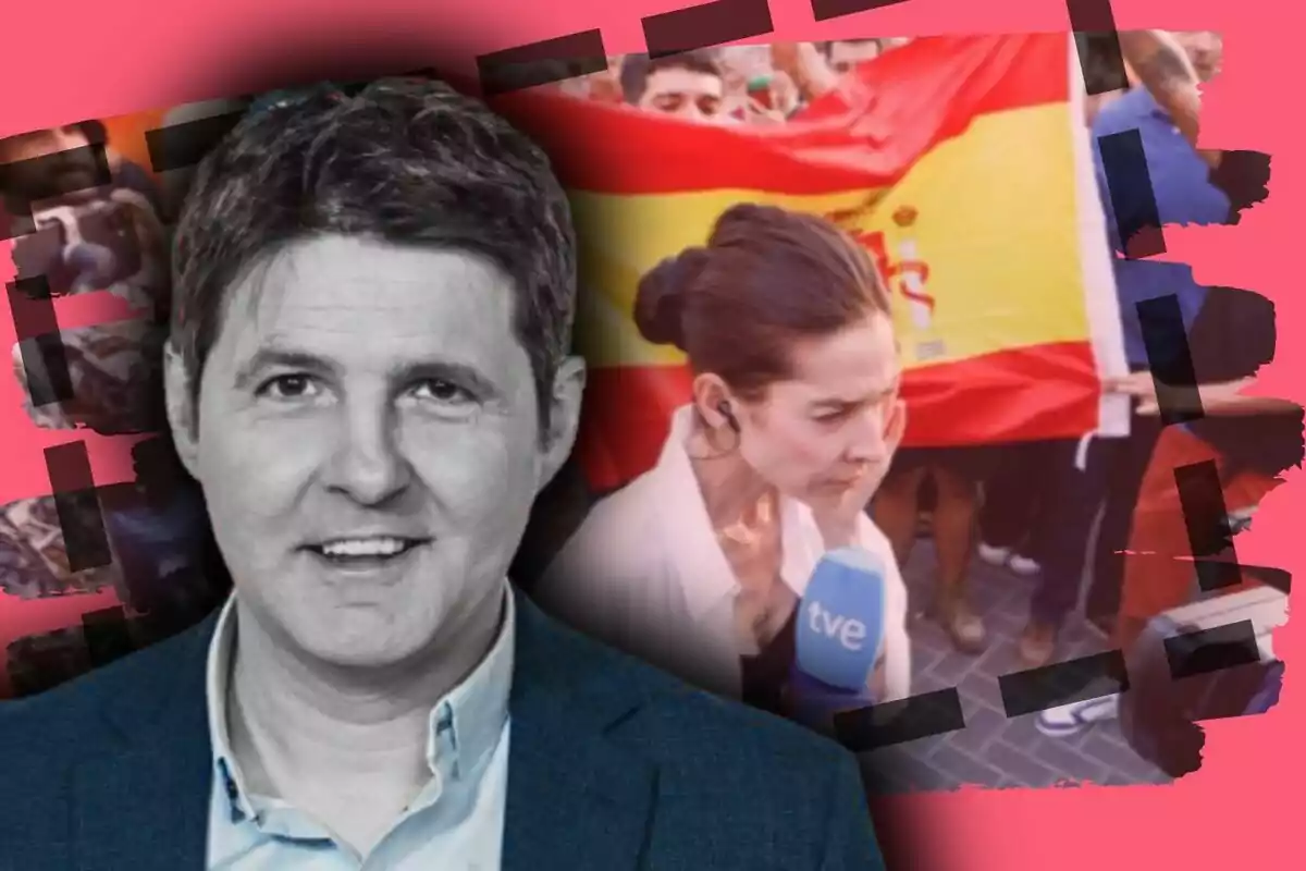Un home somrient en primer pla i una reportera amb micròfon de TVE en una manifestació amb una bandera d’Espanya al fons sobre un fons rosa amb detalls en negre