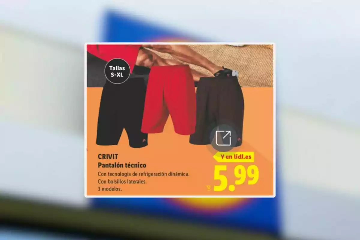 Publicitat de pantalons tècnics Crivit en colors negre i vermell amb tecnologia de refrigeració dinàmica, butxaques laterals, disponibles en talles S a XL i preu de 5,99 euros Publicitat de pantalons tècnics Crivit en colors negre i vermell amb tecnologia de refrigeració dinàmica, butxaques laterals, disponibles en talles S a XL i preu de 5,99 euros