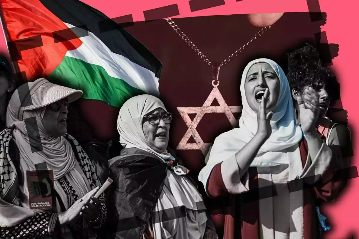 Mujeres con hiyab protestando, una bandera de Palestina ondeando y un collar con la estrella de David al fondo sobre un fondo rosa