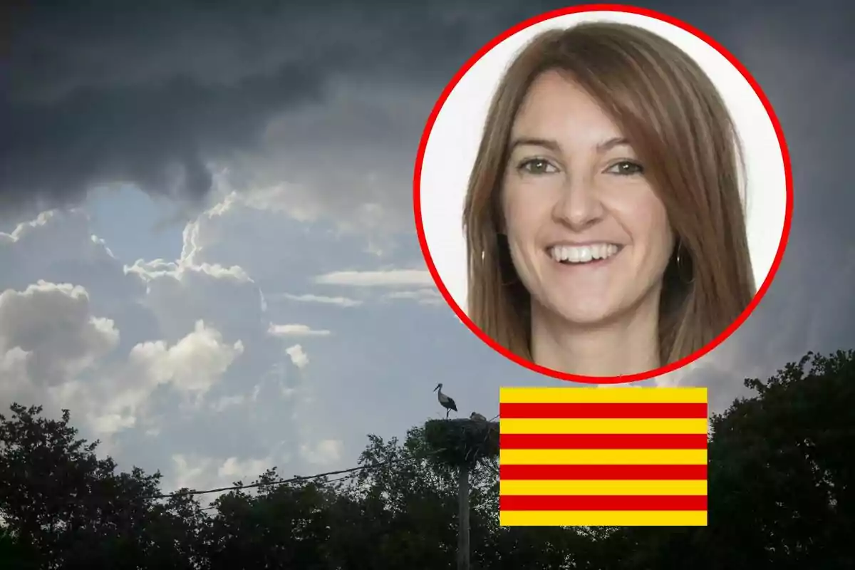 Cel ennuvolat amb una cigonya al seu niu damunt d’un pal, a la cantonada superior dreta apareix el retrat d’una dona emmarcat en un cercle vermell i a la part inferior dreta hi ha la bandera de Catalunya.